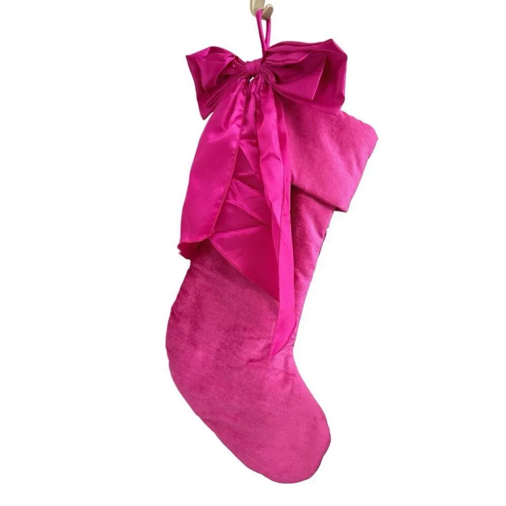 Anthropologie PINK Velvet Bow Stocking  Christmas Holiday Plush Luxury Brand NEW